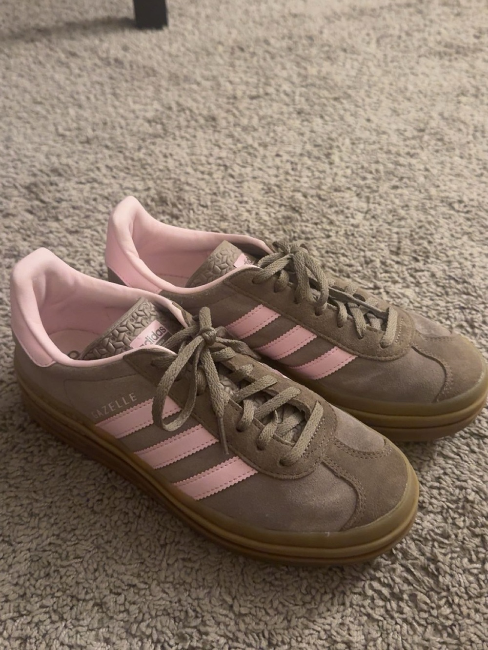adidas Women’s Suede Sneakers in Taupe with Pink Stripes